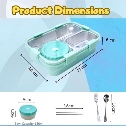 PLUSPOINT Bento Lunch Box Insulated Air Tight Portable Lunch Box with Utensils, Stainless Steel Lunch Box with Containers, Leak Proof Bento Box for Kids, Adults, Men Women (Green) - 750 Ml - Image 5