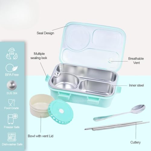 PLUSPOINT Bento Lunch Box Insulated Air Tight Portable Lunch Box with Utensils, Stainless Steel Lunch Box with Containers, Leak Proof Bento Box for Kids, Adults, Men Women (Green) - 750 Ml - Image 3