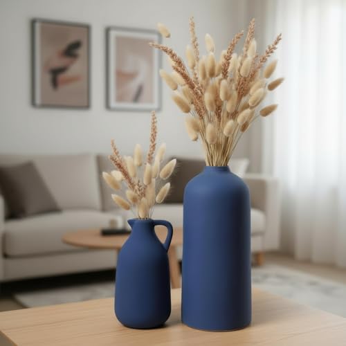 PUREZENTO Tiara Ceramic Vase Set of 2 - Cylinder & Jug Shape Vases for Modern Home Decor | Vase for Pampas Grass, Dried, and Artificial Flowers | Donut Vases for Home, Living Room, Decor Ideas - Image 1