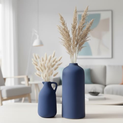 PUREZENTO Tiara Ceramic Vase Set of 2 - Cylinder & Jug Shape Vases for Modern Home Decor | Vase for Pampas Grass, Dried, and Artificial Flowers | Donut Vases for Home, Living Room, Decor Ideas - Image 3