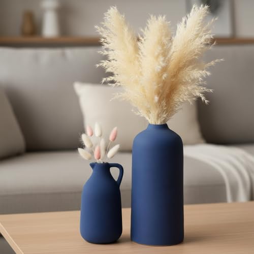 PUREZENTO Tiara Ceramic Vase Set of 2 - Cylinder & Jug Shape Vases for Modern Home Decor | Vase for Pampas Grass, Dried, and Artificial Flowers | Donut Vases for Home, Living Room, Decor Ideas - Image 2