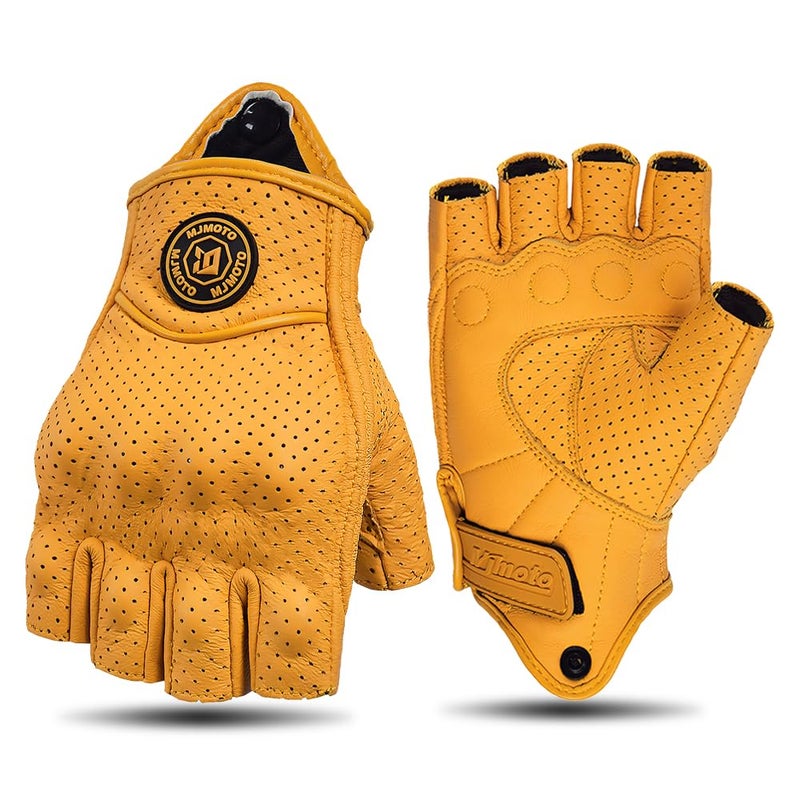 mjmoto Classic Vintage Perforation Leather Motorcycle Gloves Half Finger Protected Moto Motocross Racing Glove Fingerless Summer Yellow YellowHole Large - Image 2