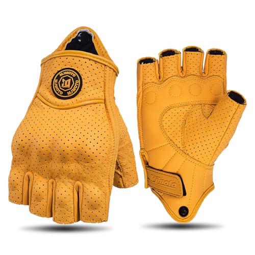mjmoto Classic Vintage Perforation Leather Motorcycle Gloves Half Finger Protected Moto Motocross Racing Glove Fingerless Summer Yellow YellowHole Large - Image 1