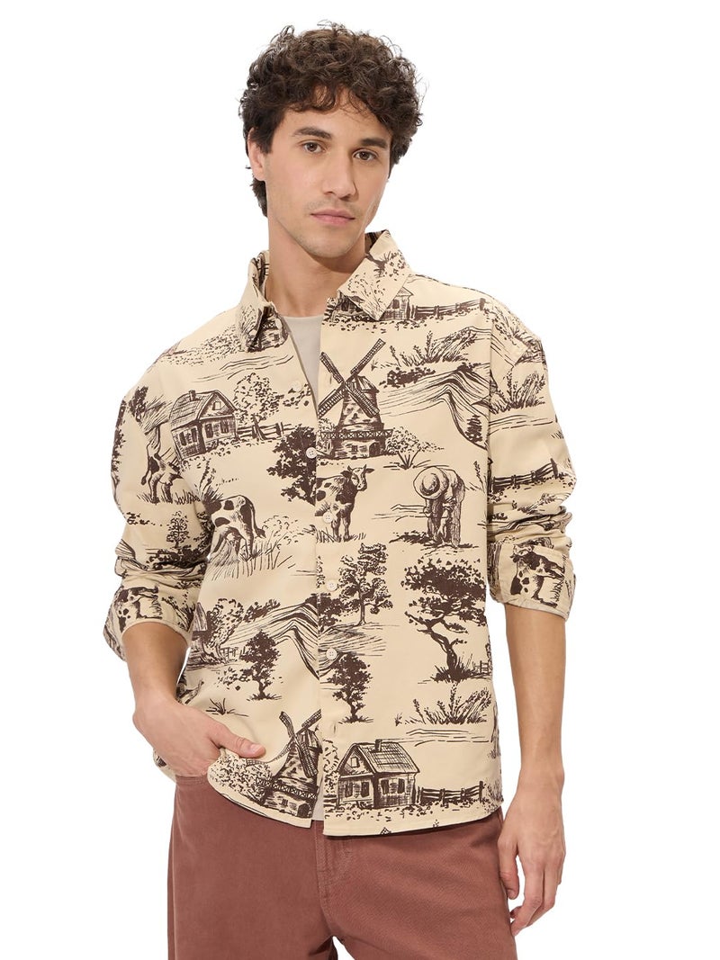 The Souled Store Rolling Hills Men and Boys Long Sleeves Collared Neck Button Front Beige and Brown All Over Printed Cotton Shackets - Image 1