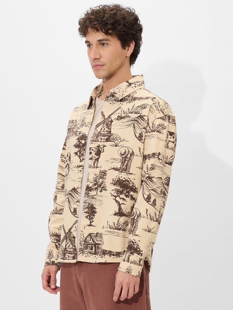 The Souled Store Rolling Hills Men and Boys Long Sleeves Collared Neck Button Front Beige and Brown All Over Printed Cotton Shackets - Image 3