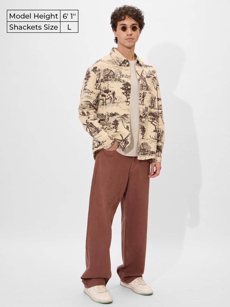The Souled Store Rolling Hills Men and Boys Long Sleeves Collared Neck Button Front Beige and Brown All Over Printed Cotton Shackets - Image 2