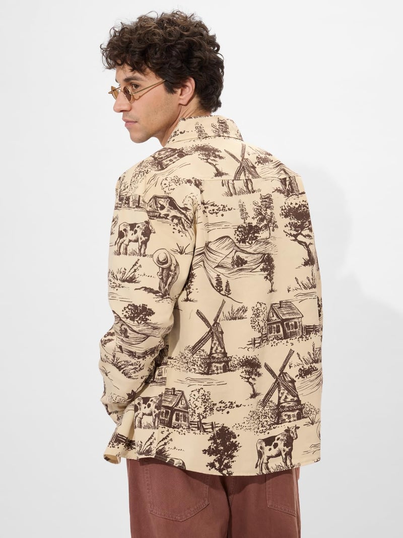 The Souled Store Rolling Hills Men and Boys Long Sleeves Collared Neck Button Front Beige and Brown All Over Printed Cotton Shackets - Image 4
