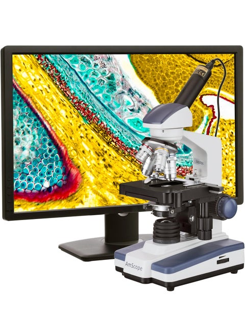AmScope M620CE1 Digital Compound Monocular Microscope WF10x and WF25x Eyepieces 40x2500x Magnification Brightfield LED Illumination Abbe Condenser Mechanical Stage 110V Includes 13MP Camera and Software