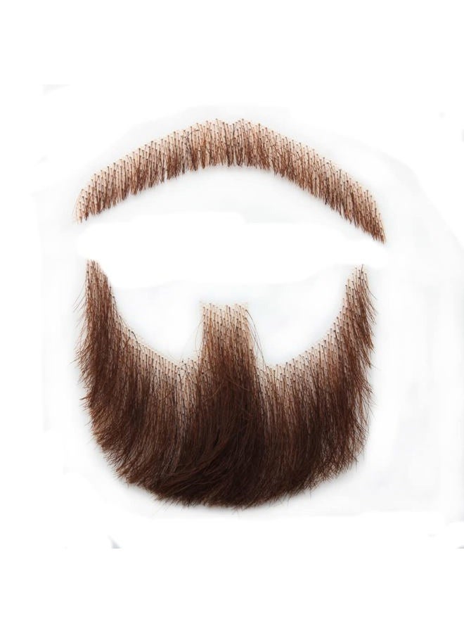 CliCling Human Hair Brown Fake Face Beard and Mustache for Adults Men Realistic Makeup Lace Invisible False Beards - Image 1