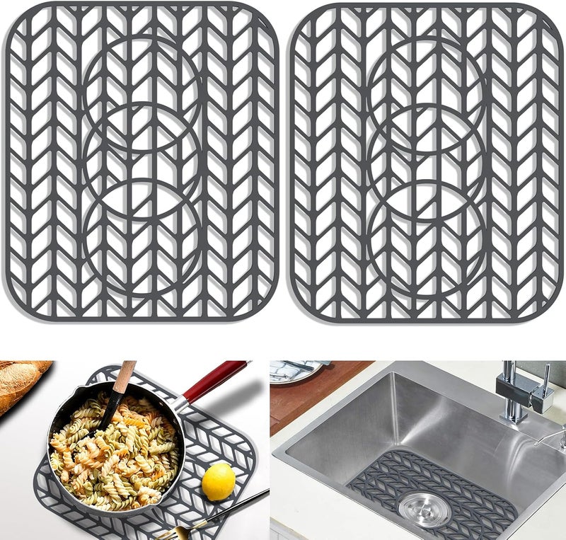 GUUKIN Sink Protectors for Kitchen sink, 13 5/8" x 11 5/8" Folding Non-slip Silicone Sink Mat Grid for Bottom of Farmhouse Stainless Steel Porcelain with 3 Reserved Holes Pack of 2 - Image 1