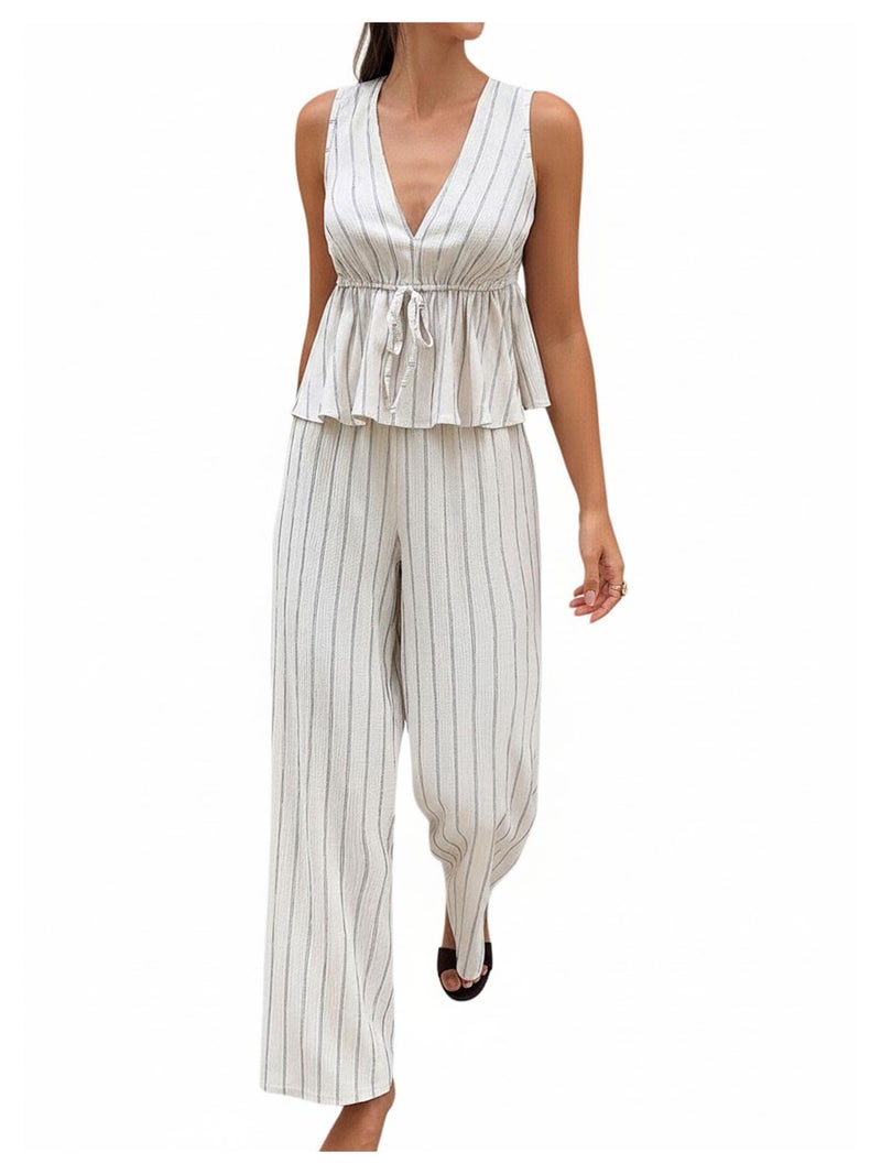 SHENHE Women's Striped 2 Piece Pants Set Deep V Neck Ruffle Peplum Top Wide Leg Pants Outfits Apricot X-Small - Image 1