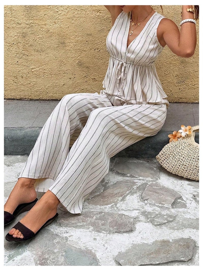 SHENHE Women's Striped 2 Piece Pants Set Deep V Neck Ruffle Peplum Top Wide Leg Pants Outfits Apricot X-Small - Image 2