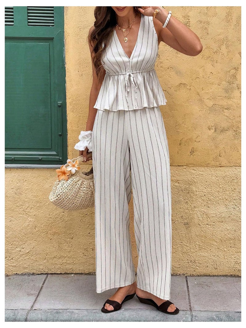 SHENHE Women's Striped 2 Piece Pants Set Deep V Neck Ruffle Peplum Top Wide Leg Pants Outfits Apricot X-Small - Image 5