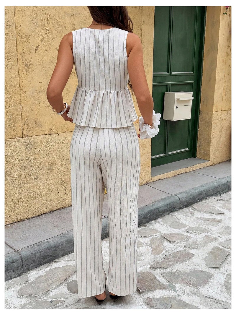 SHENHE Women's Striped 2 Piece Pants Set Deep V Neck Ruffle Peplum Top Wide Leg Pants Outfits Apricot X-Small - Image 3