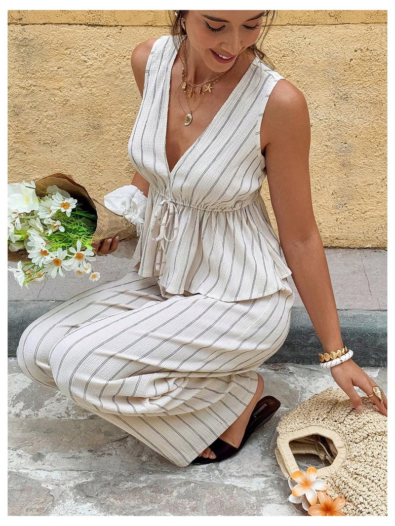 SHENHE Women's Striped 2 Piece Pants Set Deep V Neck Ruffle Peplum Top Wide Leg Pants Outfits Apricot X-Small - Image 4
