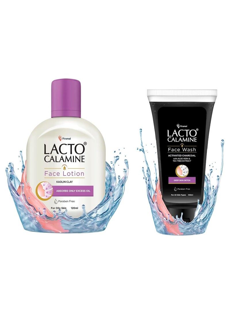 Lacto Calamine Face Lotion for Oil Balance - Oily Skin - 120 ml & Lacto Calamine Activated Charcoal Face Wash with Aloe Vera & Tea Tree Extract for Deep Skin Detox. 100 ml - Image 1