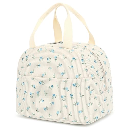 Yusudan Corduroy Lunch Bag for Women Girls Lunch Tote Bags Reusable Insulated Lunch Box for Work Picnic School Travel Beige Corduroy Floral Blue - Image 1