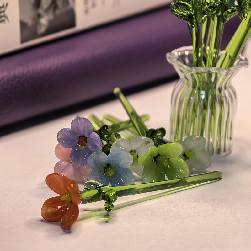 Handmade Glass Mini Bouquet Ornament Set 1 Set Includes 7 Small Colorful Hand Blown Flowers And 1 Vase No Maintenance Required Brighten Desk Bedroom Or Window Display Surprise Gift For Girlfriend Bestie Home Decor Valentine - Image 4