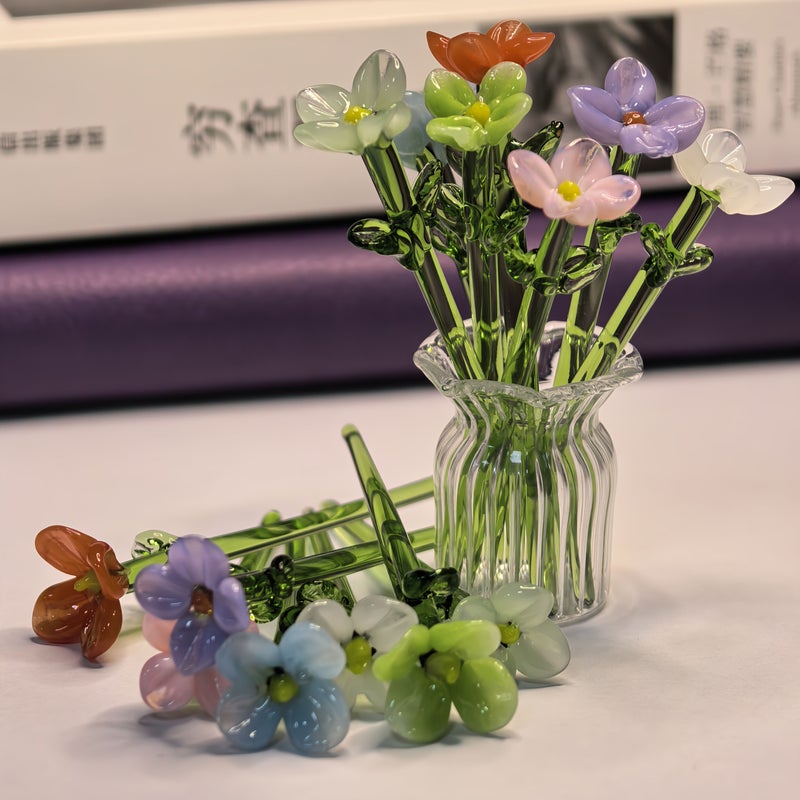 Handmade Glass Mini Bouquet Ornament Set 1 Set Includes 7 Small Colorful Hand Blown Flowers And 1 Vase No Maintenance Required Brighten Desk Bedroom Or Window Display Surprise Gift For Girlfriend Bestie Home Decor Valentine - Image 5