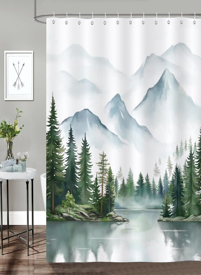 Bonhause Mountain Forest Shower Curtain, Watercolor Lake Landscape Woodland Nature Bathroom Decor 72 x 72 Inch Polyester Fabric Waterproof Bath Curtain with 12 Hooks - Image 1