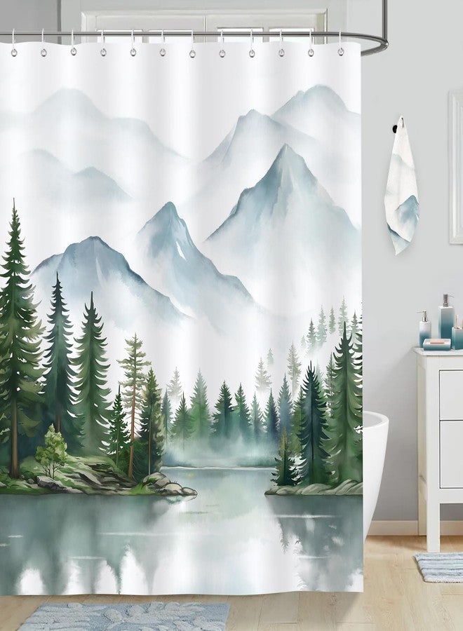 Bonhause Mountain Forest Shower Curtain, Watercolor Lake Landscape Woodland Nature Bathroom Decor 72 x 72 Inch Polyester Fabric Waterproof Bath Curtain with 12 Hooks - Image 2