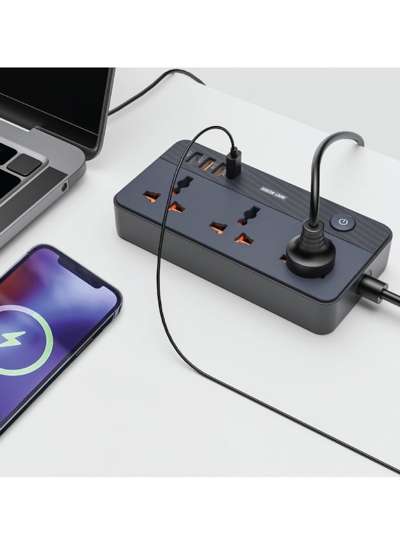 GREEN LION GS-200 Power Socket 2500W / 3 Universal Sockets / PD 20W Charging / Fast Charging / Overload Protection / Flame Retardant - Black - Image 2