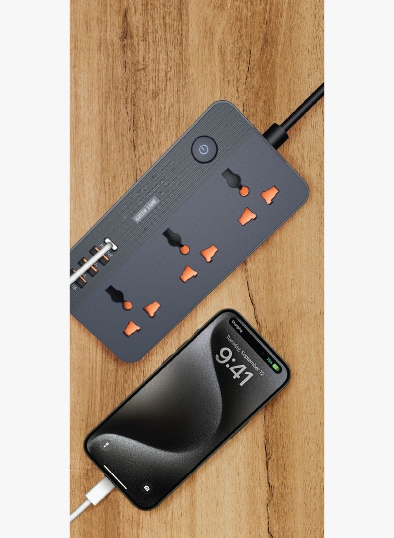 GREEN LION GS-200 Power Socket 2500W / 3 Universal Sockets / PD 20W Charging / Fast Charging / Overload Protection / Flame Retardant - Black - Image 3