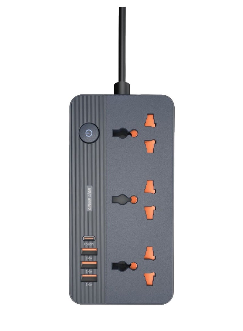 GREEN LION GS-200 Power Socket 2500W / 3 Universal Sockets / PD 20W Charging / Fast Charging / Overload Protection / Flame Retardant - Black - Image 1