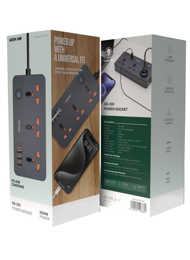 GREEN LION GS-200 Power Socket 2500W / 3 Universal Sockets / PD 20W Charging / Fast Charging / Overload Protection / Flame Retardant - Black - Image 4