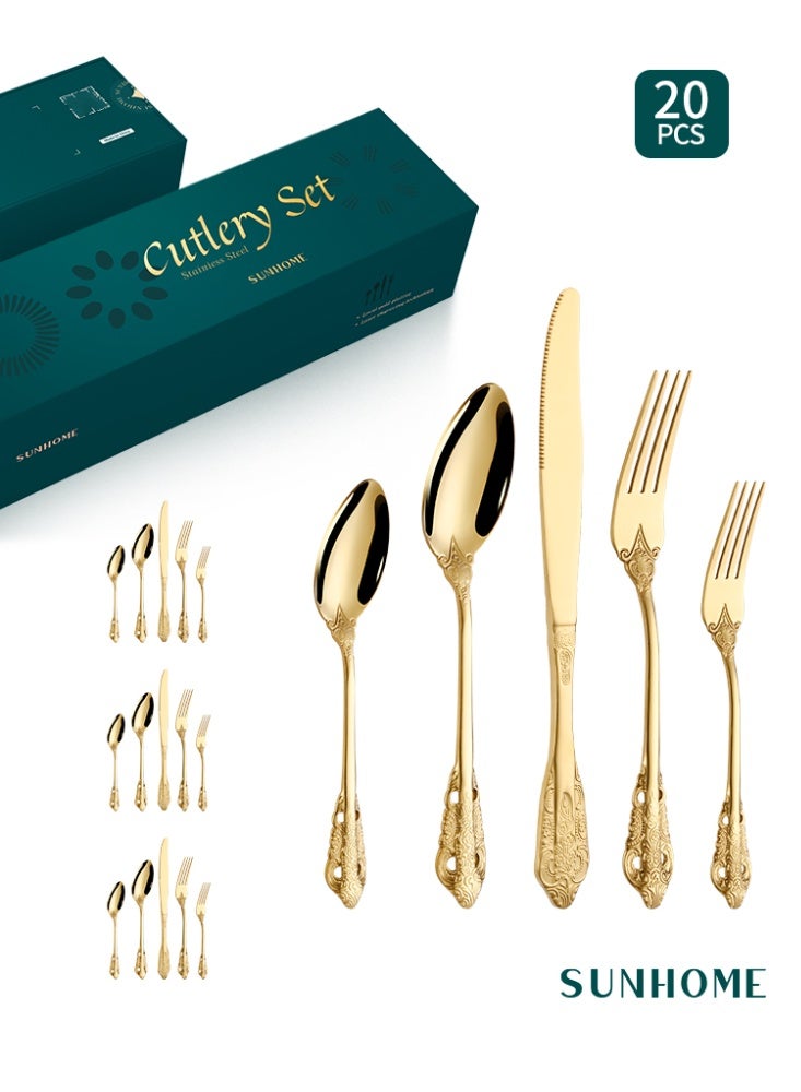 صن هوم مجموعة أدوات مائدة من الفولاذ المقاوم للصدأ من SUNHOME مكونة من 20 قطعة، مجموعة أدوات مطبخ غربية مناسبة للمنزل والمطبخ والمطعم والفندق والحفلات وتناول الطعام والنزهات، عبوة رائعة هدية باللون الذهبي - Image 1