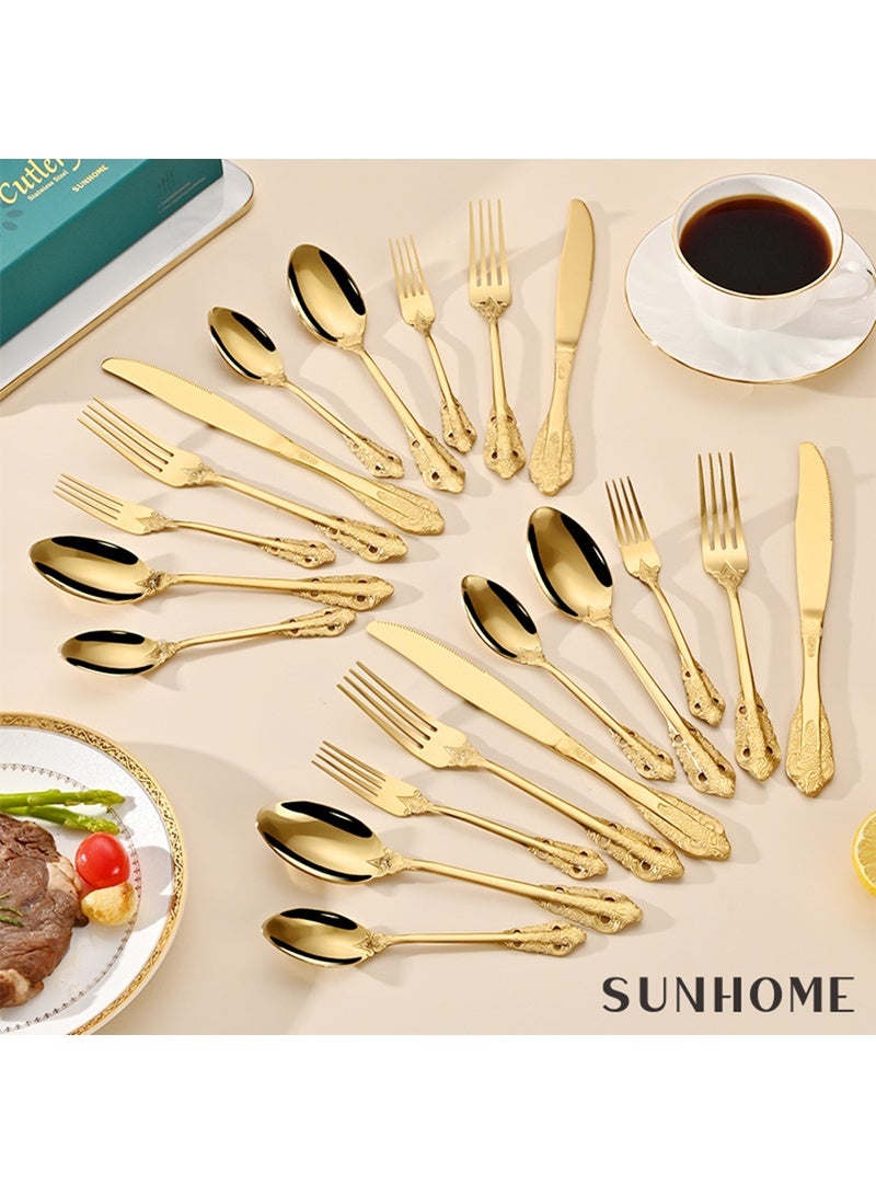 صن هوم مجموعة أدوات مائدة من الفولاذ المقاوم للصدأ من SUNHOME مكونة من 20 قطعة، مجموعة أدوات مطبخ غربية مناسبة للمنزل والمطبخ والمطعم والفندق والحفلات وتناول الطعام والنزهات، عبوة رائعة هدية باللون الذهبي - Image 4
