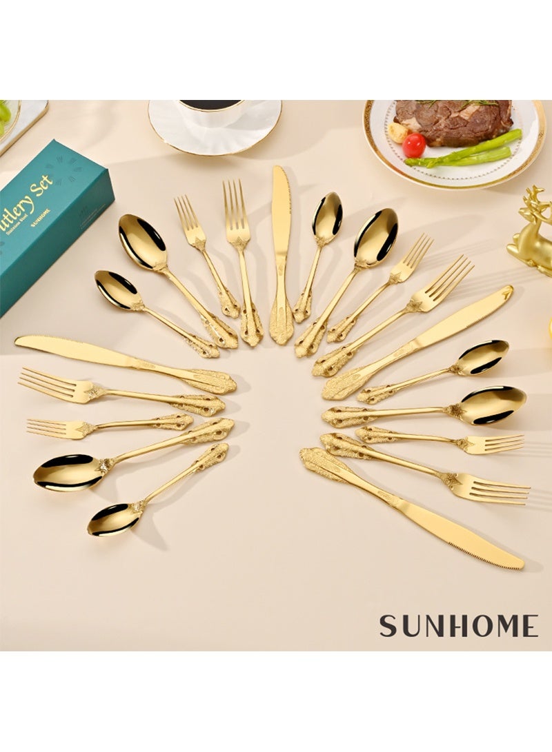 صن هوم مجموعة أدوات مائدة من الفولاذ المقاوم للصدأ من SUNHOME مكونة من 20 قطعة، مجموعة أدوات مطبخ غربية مناسبة للمنزل والمطبخ والمطعم والفندق والحفلات وتناول الطعام والنزهات، عبوة رائعة هدية باللون الذهبي - Image 3