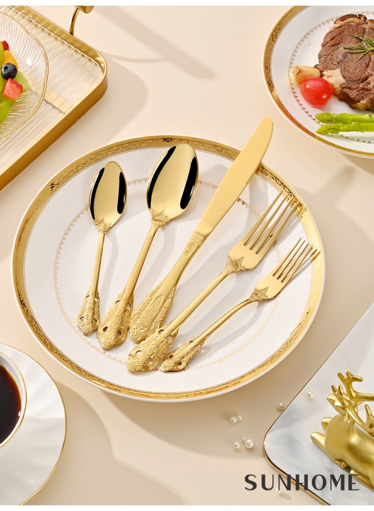 صن هوم مجموعة أدوات مائدة من الفولاذ المقاوم للصدأ من SUNHOME مكونة من 20 قطعة، مجموعة أدوات مطبخ غربية مناسبة للمنزل والمطبخ والمطعم والفندق والحفلات وتناول الطعام والنزهات، عبوة رائعة هدية باللون الذهبي - Image 5