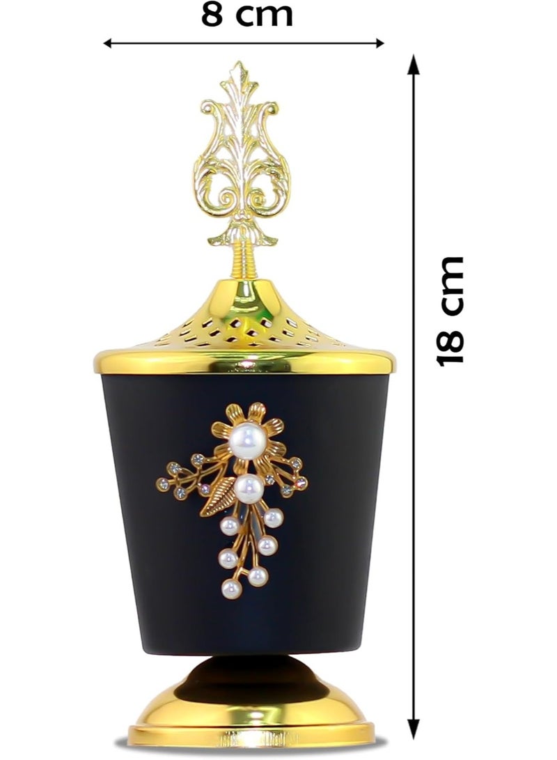 Vintage Arabic Charcoal Incense Burner, Bakhoor & Oud Burner, Black and Gold with Pearl Embellishment, 18cm Tall - Image 2