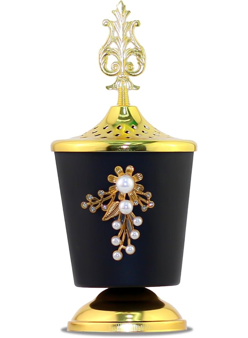 Vintage Arabic Charcoal Incense Burner, Bakhoor & Oud Burner, Black and Gold with Pearl Embellishment, 18cm Tall - Image 1