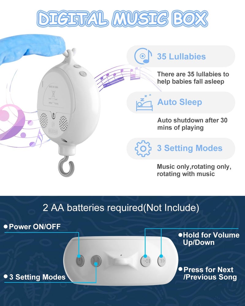 FEISIKE Baby Crib Mobile with 35 Lullabies 3 Modes Rotation  Music Adjustable Volume Nursery Decor for Boys and Girls Ocean Theme - Image 3