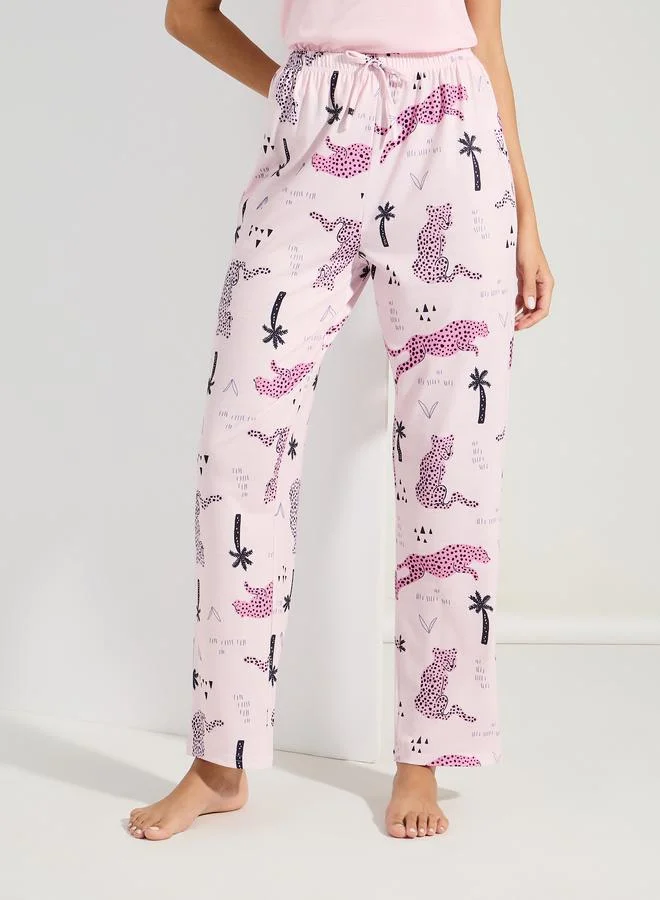 Styli Solid Placket Vest & Jungle Cats Print Pyjama Set