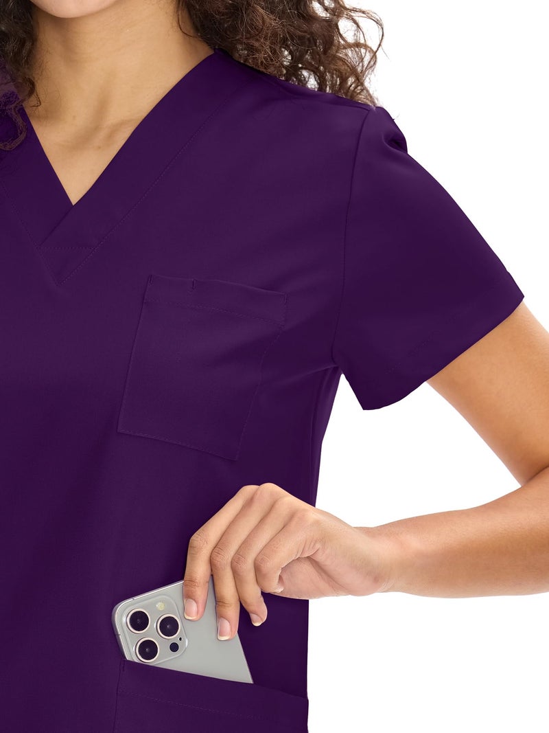 COZYFIT زي طبي مريح للنساء - قميص على شكل حرف V وسروال مستقيم مع 9 جيوب، ملابس عمل للجنسين، مريح، بنفسجي، L - Image 4