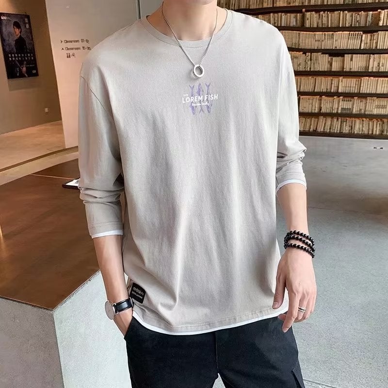Long-sleeved T-shirt men Spring and Autumn ins tide card loose bottom T-shirt T-shirt T-shirt T-shirt collar sweatshirt Black - Image 2