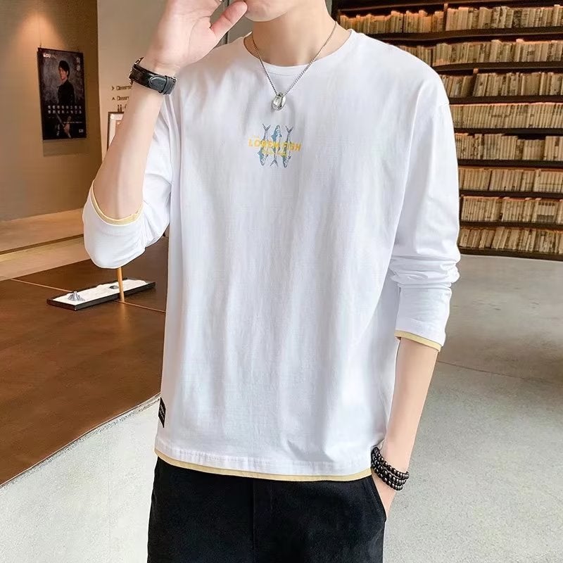 Long-sleeved T-shirt men Spring and Autumn ins tide card loose bottom T-shirt T-shirt T-shirt T-shirt collar sweatshirt Black - Image 3
