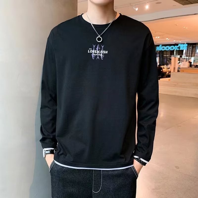 Long-sleeved T-shirt men Spring and Autumn ins tide card loose bottom T-shirt T-shirt T-shirt T-shirt collar sweatshirt Black - Image 1