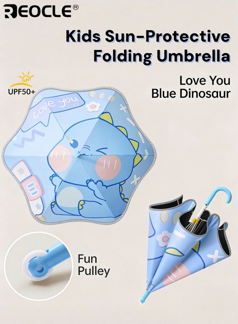 REOCLE Kids Sun-Protective Folding Umbrella Playful Themed Compact Umbrella with Functional Pulley Handle for Daily Outdoor & Casual Use - Image 1
