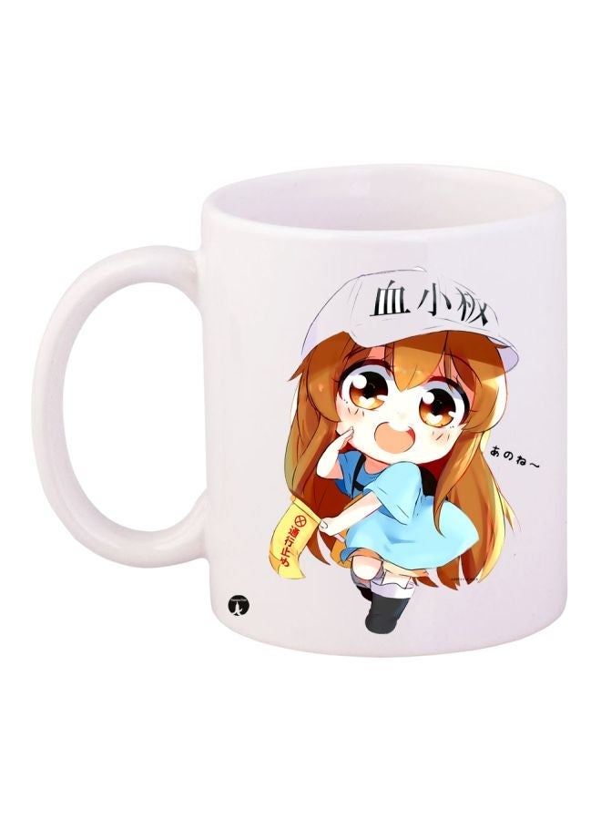 RYN Cartoon Girl Printed Coffee Mug White/Blue/Brown 11ounce