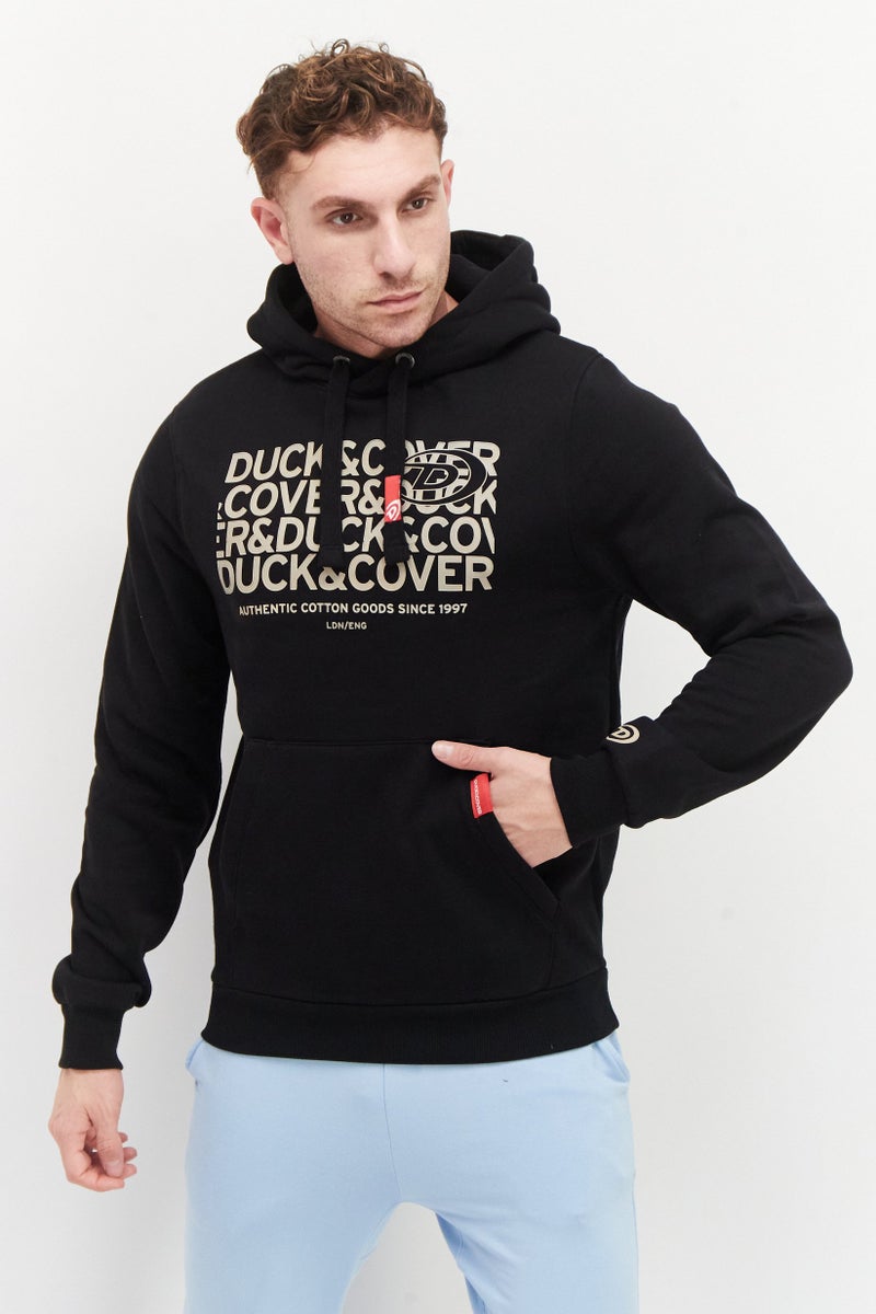 DUCK AND COVER Men Hood with Drawstring Brand Logo Fleece Sweatshirts, Black - Image 1