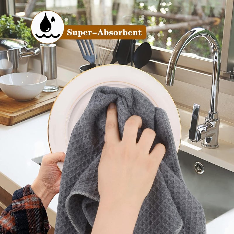VIVOTE Microfiber Kitchen Towels Tea Towels Dish Towels Waffle Weave Hand Towel Super Soft and Absorbent 3 Pack 16 x 22 Inch Gray - Image 3