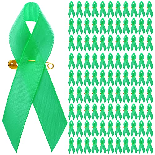 Dilunave 100 Pieces Awareness Ribbon Satin Lapel Pins Fabric Ribbons with Safety Pins for Women Men(Green) - Image 1