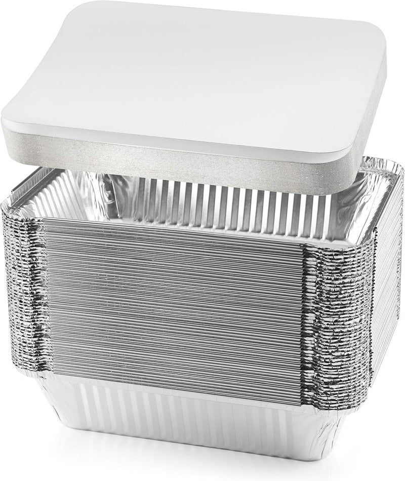 NYHI 50-Pack Heavy Duty Disposable Aluminum Oblong Foil Pans with Lid Covers Recyclable Tin Food Storage Tray Extra-Sturdy Containers for Cooking, Baking, Meal Prep, Takeout - 8.4" x 5.9" - 2.25lb - Image 1