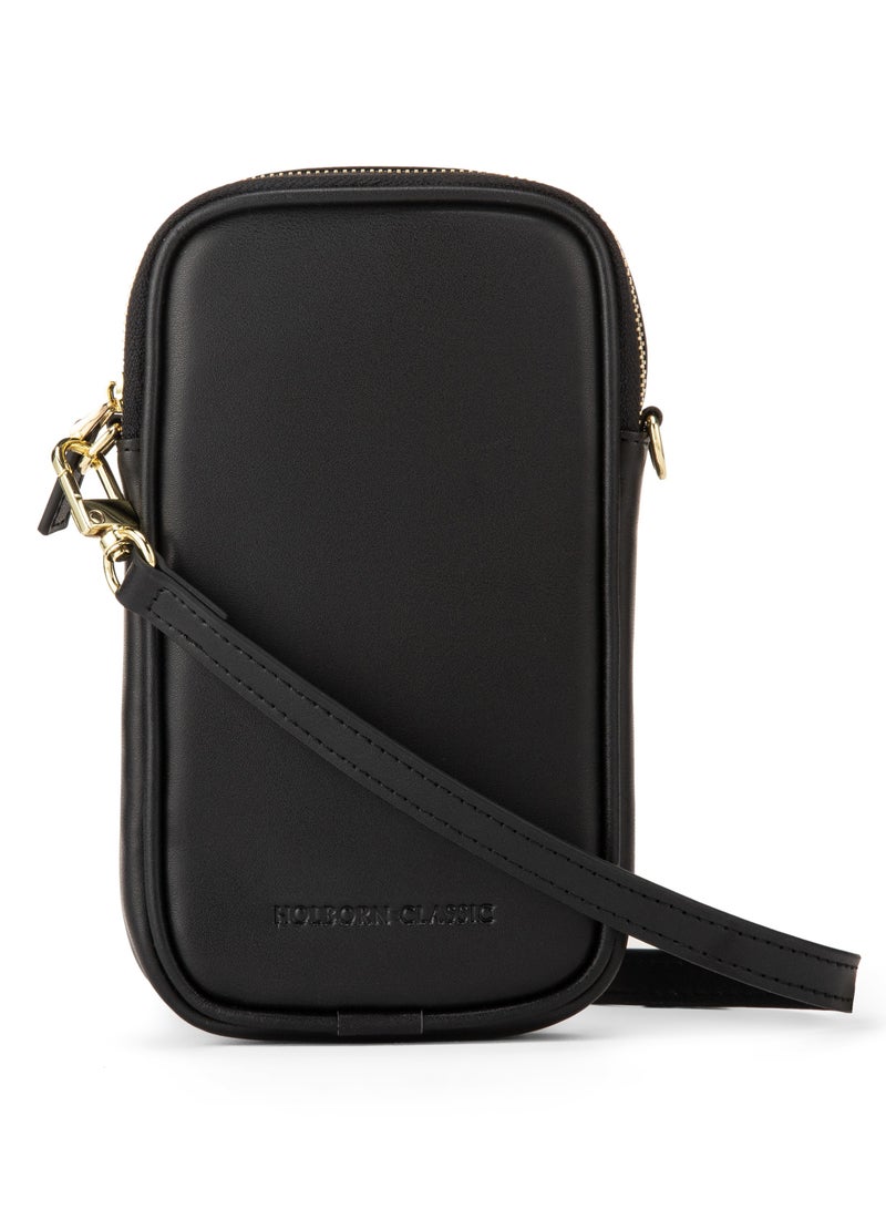 HOLBORN CLASSIC Luna Travel Pouch With Phone Compartment For Women - Black, Leather Phone Pouch Bags, Crossbody Phone Bag, Genuine Leather - Image 1