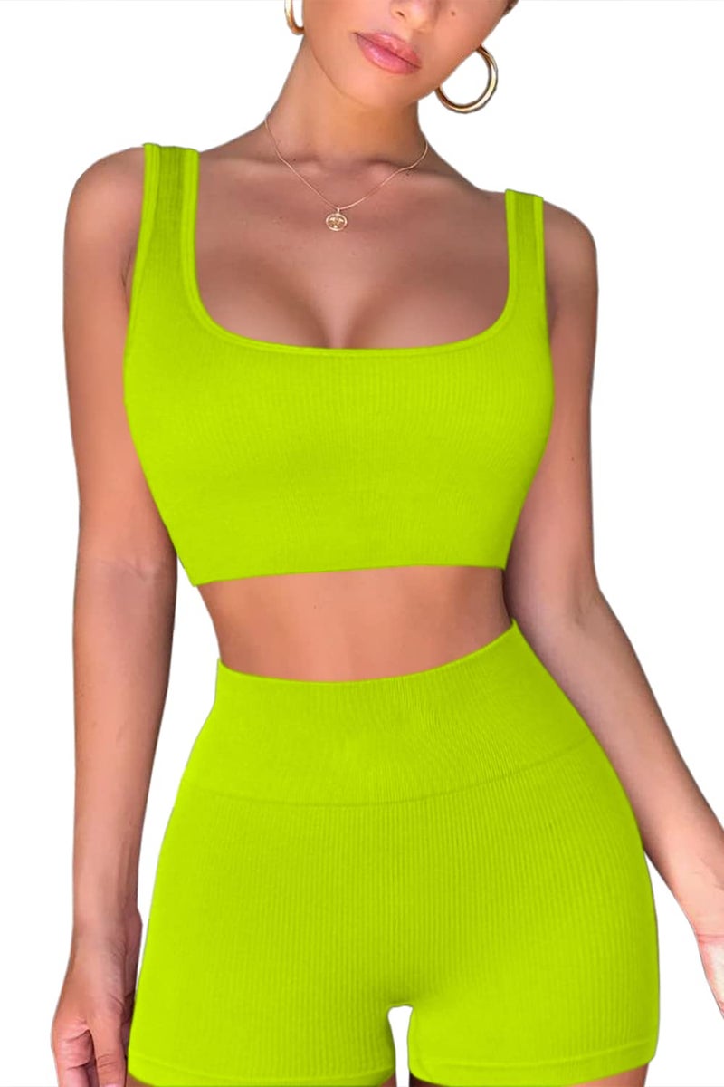 QINSEN Workout Sets for Women 2 Piece Seamless Ribbed Crop Tank High Waist Shorts Yoga Outfits (L, Lemon Green) - Image 3