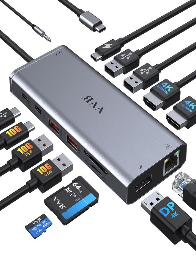 VVB USB C Dual Monitor HDMI Docking Station for Dell HP Lenovo Laptop, Docking Station 14 in 1 to 2 Port HDMI 4K+VGA USB Type C Hub Adapter Multiport Dongle Dock, USB C to - Image 1